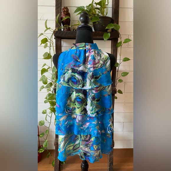 NY Collection: Blue Tiered Ruffle Top with Mock Collar - Picture 9 of 16